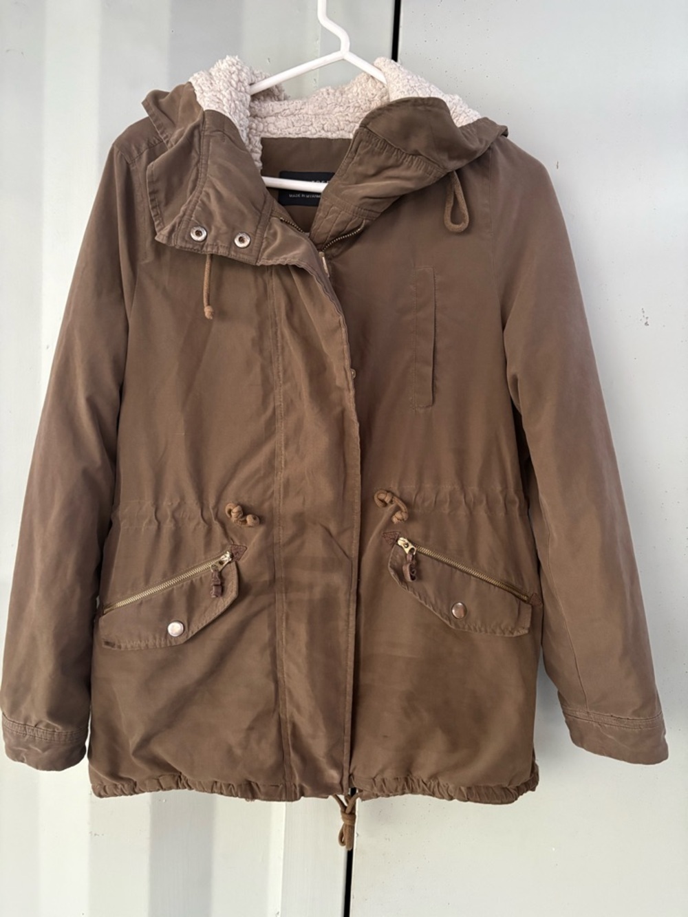 Love Tree Brown Hooded Utility Jacket with Sherpa Lining